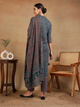 Women Teal Rayon Blend Printed Straight Kurta Pant Set